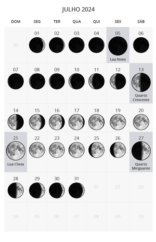 Calendário Lunar 2024 - Fases da lua no Brasil - Rota das Emoções